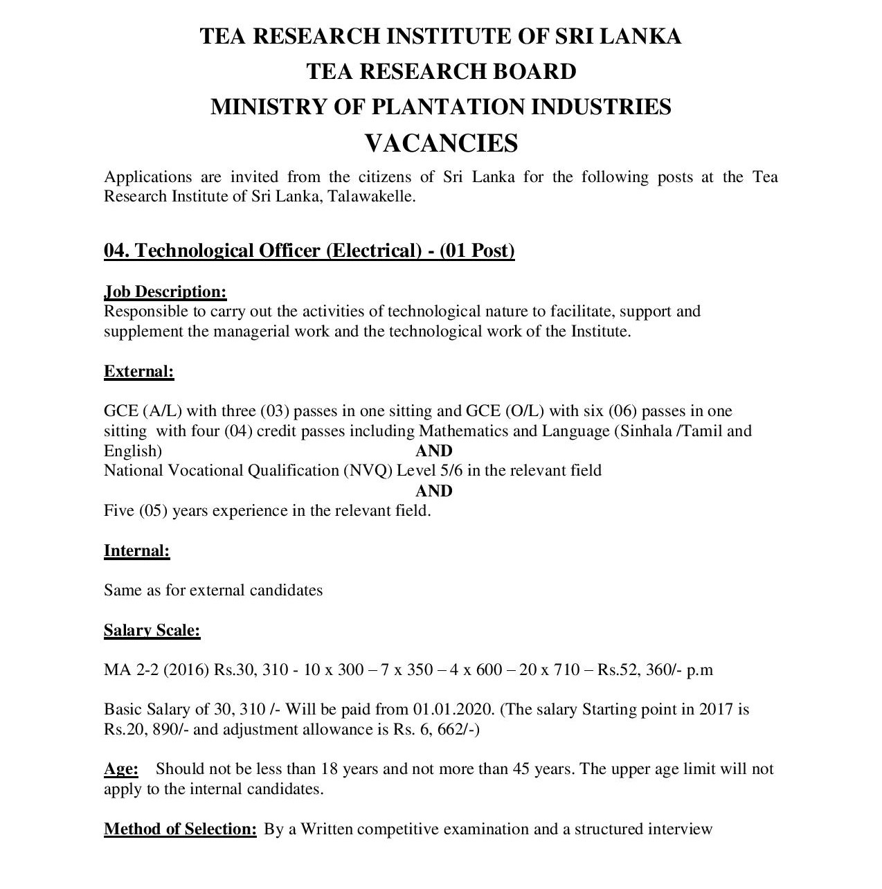 Technological Officer (Electrical, Mechanical) - Tea Research Institute